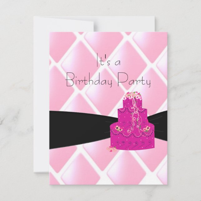Convite de Aniversário Diamantes Rosa e Bolo (Frente)
