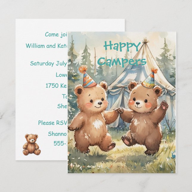 Convite de Aniversário Digital Urso Gêmeo (Frente/Verso)