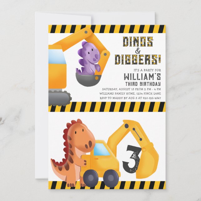 Convite de aniversário Dinos e Diggers (Frente)