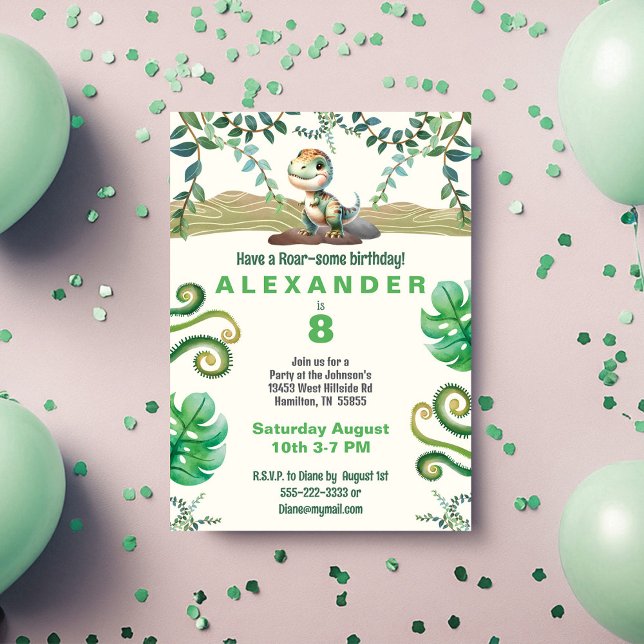 Convite de aniversário Dinossauro (Have a Roar-some Birthday boy dinosaur invitation with green accents)