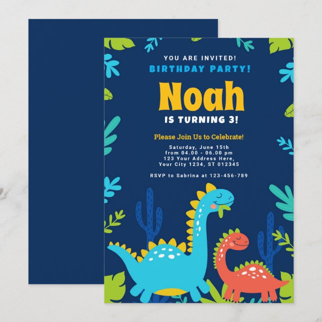 Convite de aniversário Dinossauro Engraçado (Frente/Verso)