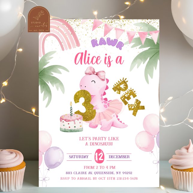 Convite de Aniversário Dinossauro Pastel Rosa 3-re (Criador carregado)
