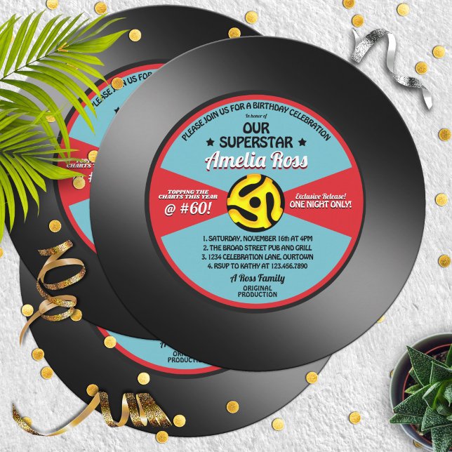 Convite de Aniversário Disco de Vinil 45 Rótulo An (Criador carregado)