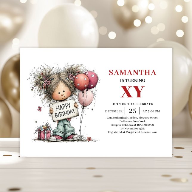 Convite de Aniversário Divertido e Fofo para Menin (Whimsy Cute Little Girl Funky Birthday Invitation

)