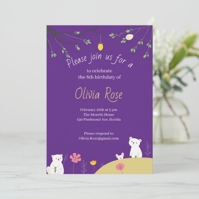 Convite de Aniversário Divertido Roxo para Criança (Em pé/Frente)