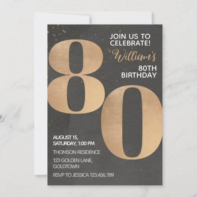 Convite de Aniversário do 80 Negro Dourado (Frente)
