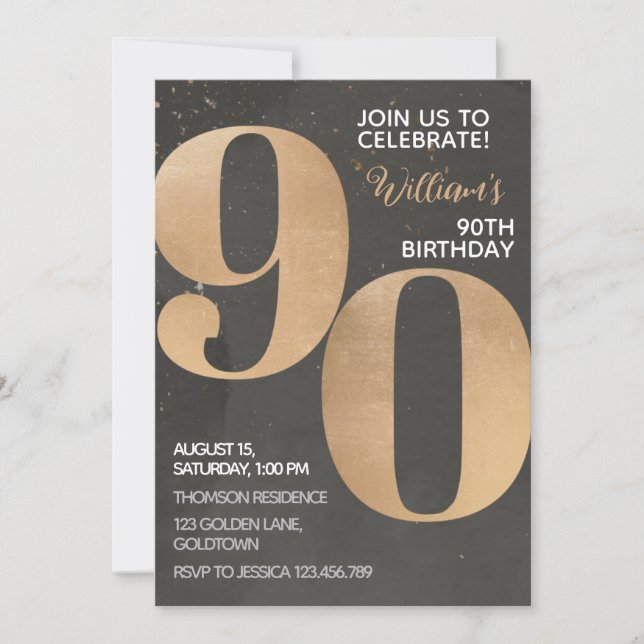 Convite de Aniversário do 90 Negro Dourado (Frente)