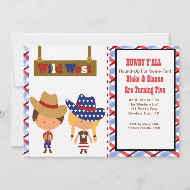 Convite de Aniversário do AmericanCowboy & Cowgirl (Frente)