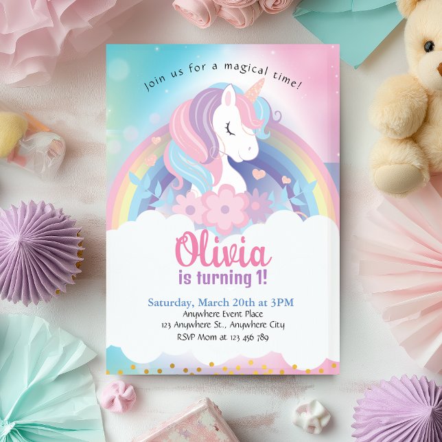 Convite de Aniversário do Arco-Íris Magnético (Magical Pink Unicorn Birthday Invitation)