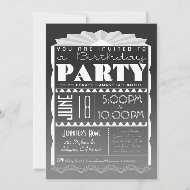 Convite De Aniversário Do Art Deco - Cinza Gatsby  (Frente)