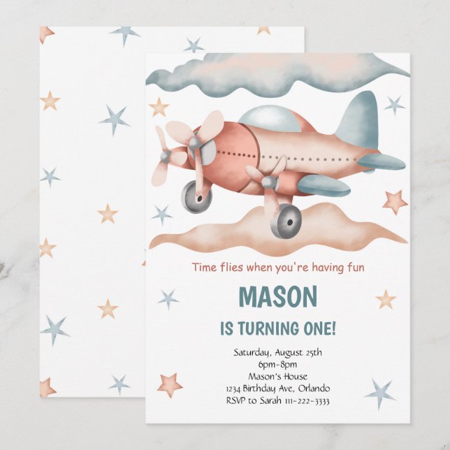 Convite de Aniversário do Avião Vintage com Aquare (Frente/Verso)