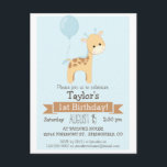 Convite de aniversário do Baby Giraffe Kid<br><div class="desc">Girafa de bebê com balão, selva, animais de zoológico, safari neutro, convite de aniversário de menino ou menina. Personalize este bonitinho, retrô, sinta convite com o nome do seu filho. Bela, simples, design simples. Perfeito para o primeiro bebê, 1rua, aniversário, criança, crianças pequenas, ou crianças mais velhas. As cores incluem...</div>
