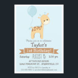 Convite de aniversário do Baby Giraffe Kid<br><div class="desc">Girafa de bebê com balão, selva, animais de zoológico, safari neutro, convite de aniversário de menino ou menina. Personalize este bonitinho, retrô, sinta convite com o nome do seu filho. Bela, simples, design simples. Perfeito para o primeiro bebê, 1rua, aniversário, criança, crianças pequenas, ou crianças mais velhas. As cores incluem...</div>