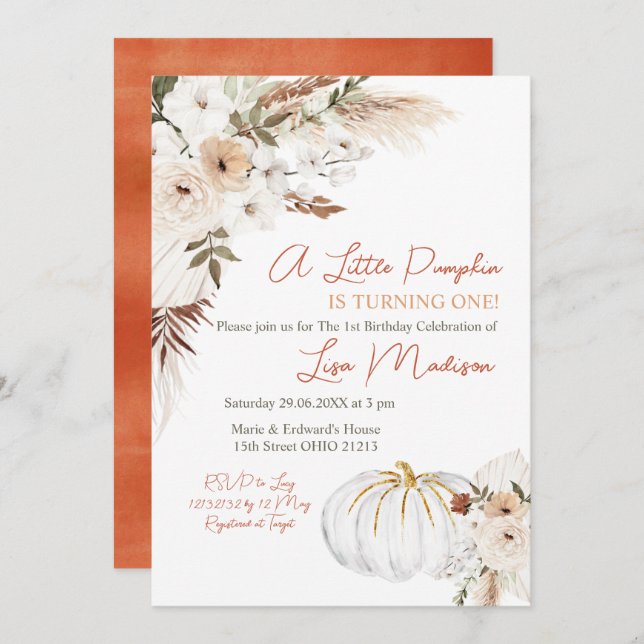 Convite de Aniversário do Boho Branco Pumpkin (Frente/Verso)