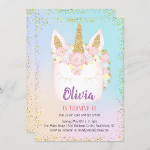 Convite de Aniversário do Bolo Arco-Íris Unicórnio