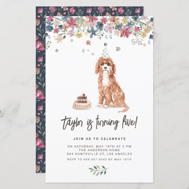 Convite de Aniversário do Cachorro Cavapoo em Aqua (Frente/Verso)