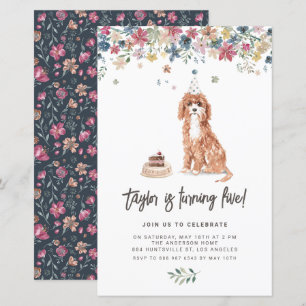 Convite de Aniversário do Cachorro Cavapoo em Aqua