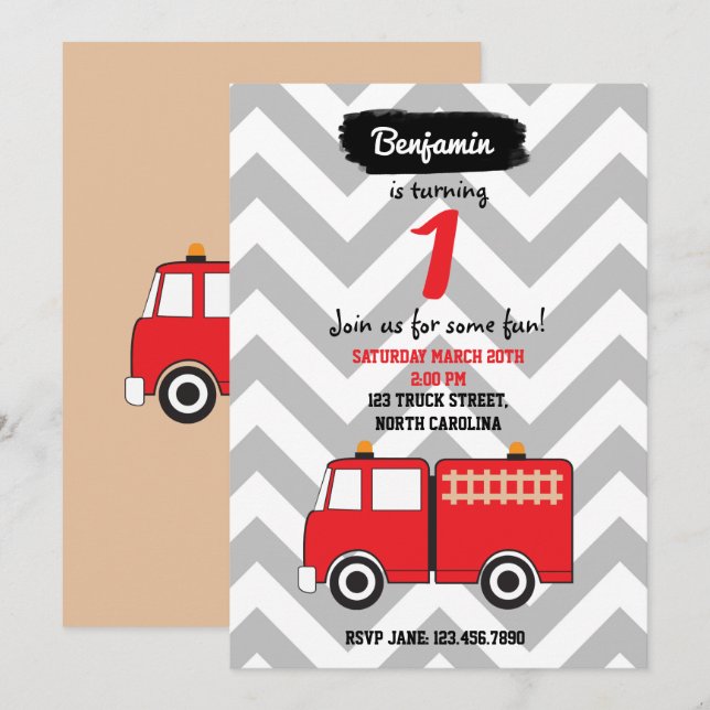 Convite de Aniversário do Caminhão de Fogo Vermelh (Frente/Verso)