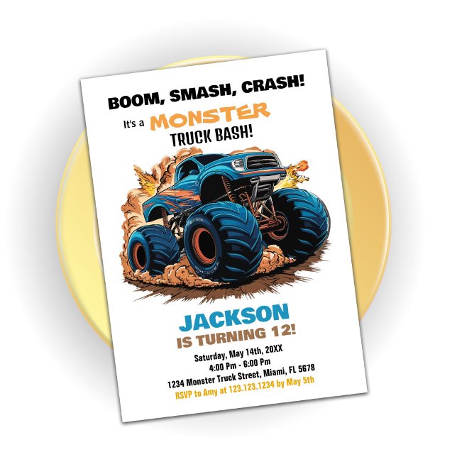 Convite de Aniversário do Caminhão de Monstro Azul (Blue Monster Truck Birthday Invitations)