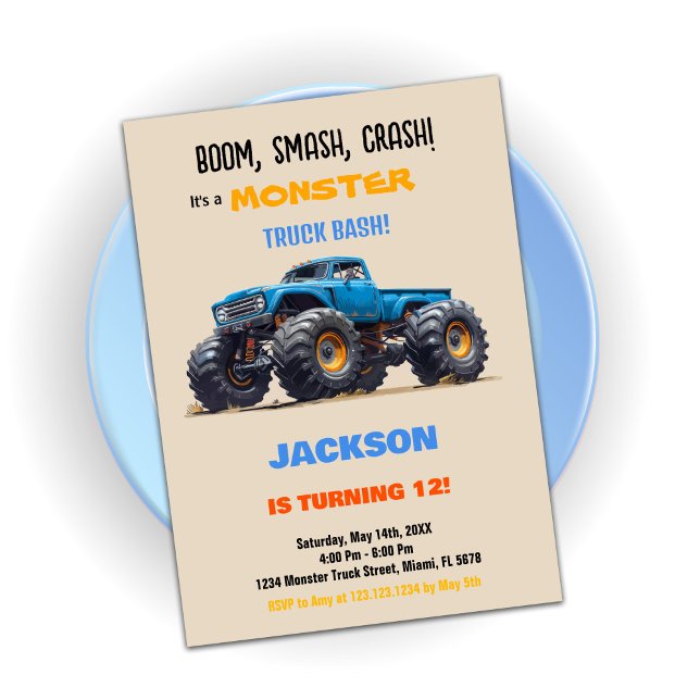 Convite de Aniversário do Caminhão de Monstro Azul (Blue Monster Truck Birthday Invitations)