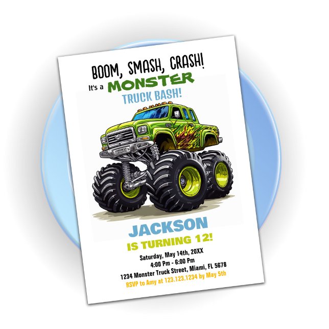 Convite de Aniversário do Caminhão Verde Monstro (Green Monster Truck Birthday Invitations)