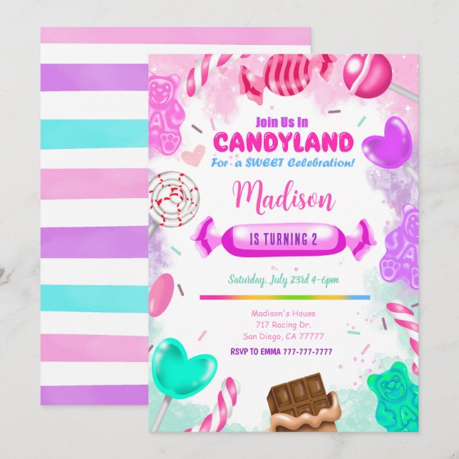 Convite de aniversário do Candy land (Frente/Verso)