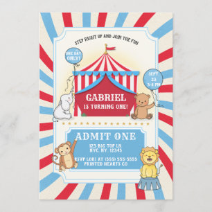 Convite de Aniversário do Circo Animal   Azul bran