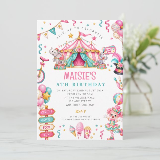 Convite de Aniversário do Circo Cor-de-Rosa para M (Em pé/Frente)