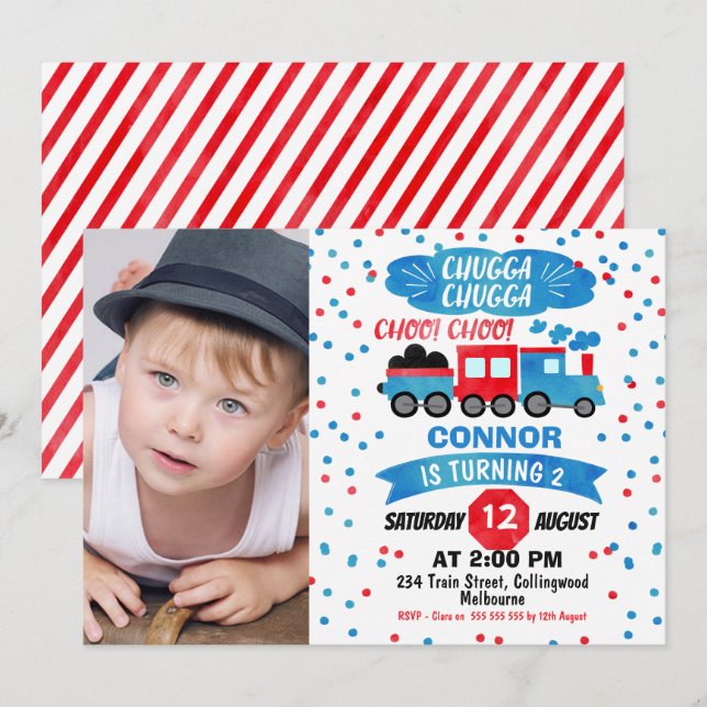 Convite de Aniversário do Comboio de Aquarela Foto (Frente/Verso)