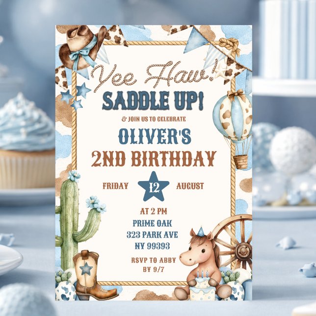 Convite de Aniversário do Cowboy Blue Yee Haw (Criador carregado)