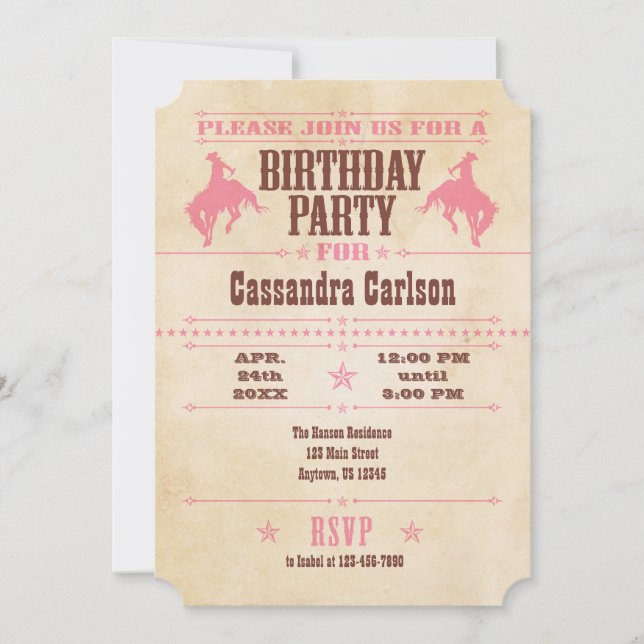 Convite de Aniversário do Cowboy Vintage Rosa (Frente)