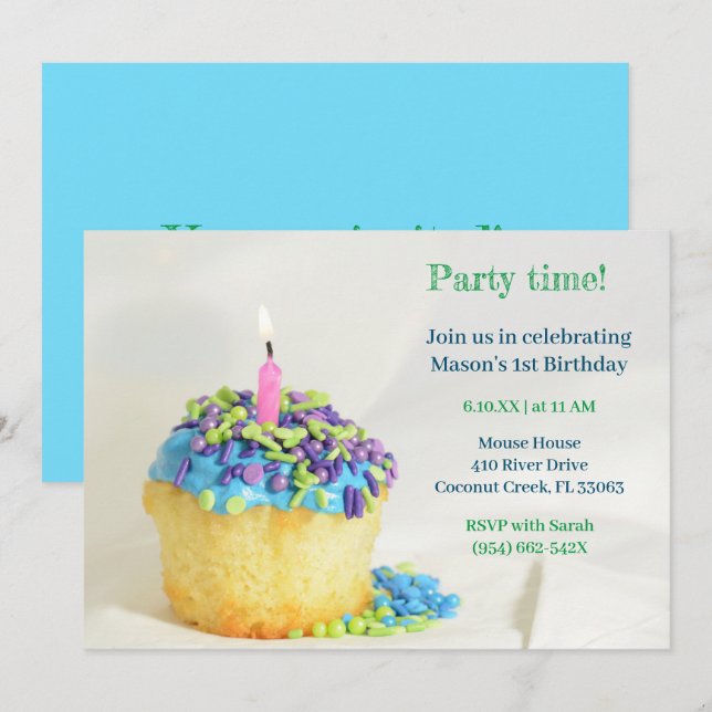 Convite de aniversário do cupcake azul do Balão Br (Frente/Verso)