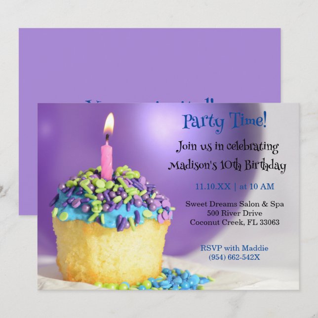 Convite de Aniversário do cupcake Azul Roxo (Frente/Verso)