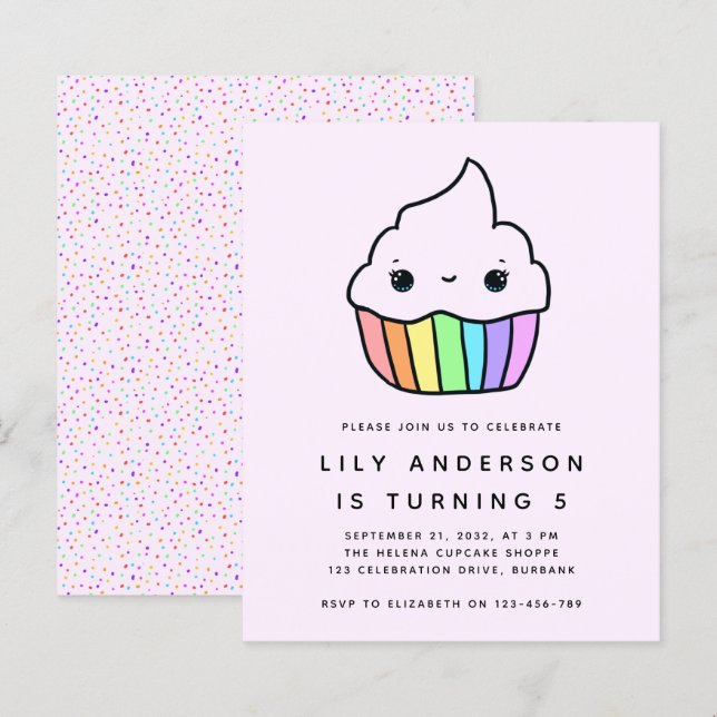 Convite de aniversário do Cupcake de Orçamento (Frente/Verso)