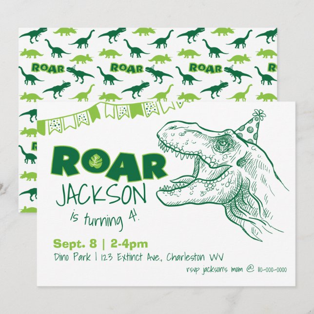 Convite de Aniversário do Dinosaur Roar (Frente/Verso)