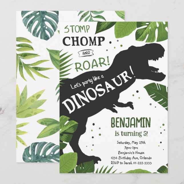 Convite de aniversário do Dinossaur (Frente/Verso)