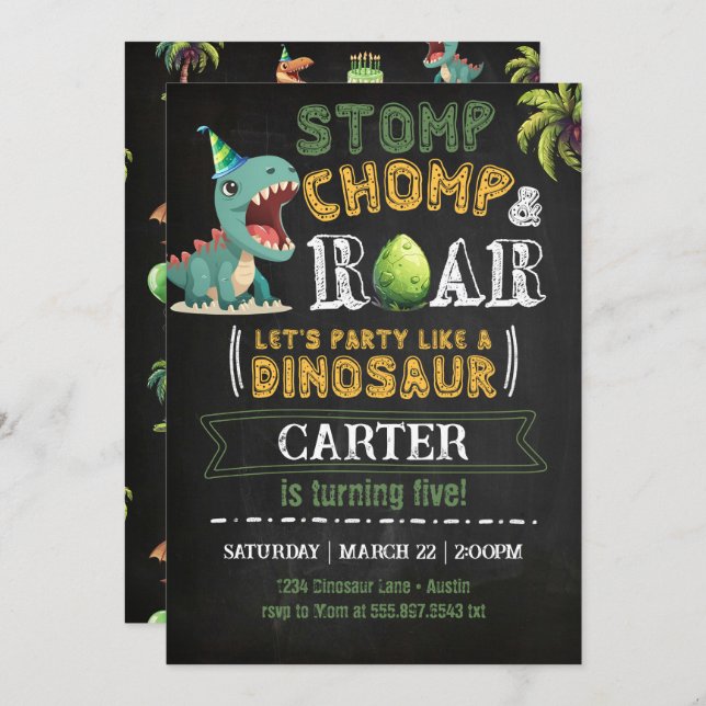 Convite de aniversário do Dinossaur Chomp Roar (Frente/Verso)