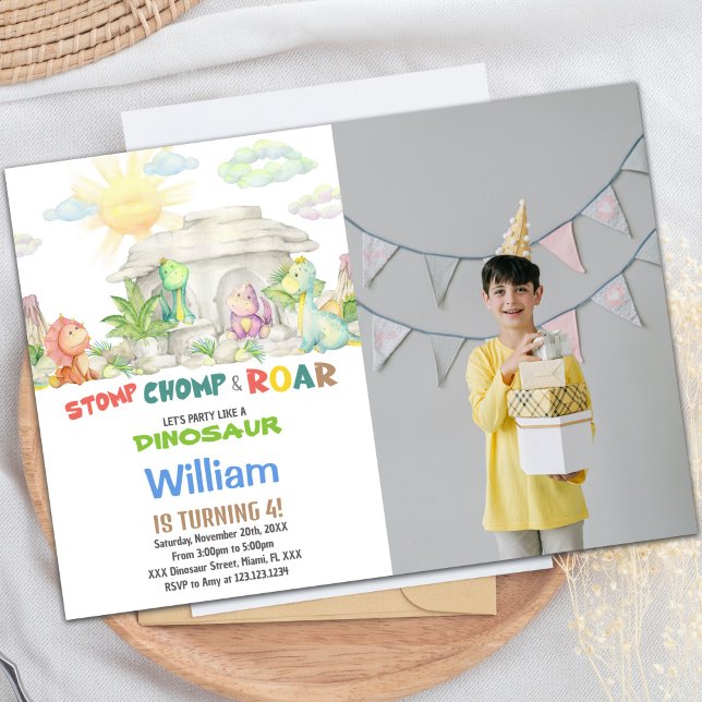 Convite de Aniversário do Dinossaur com Foto (Stomp Chomp Roar Dinosaur Birthday Photo Invitation)