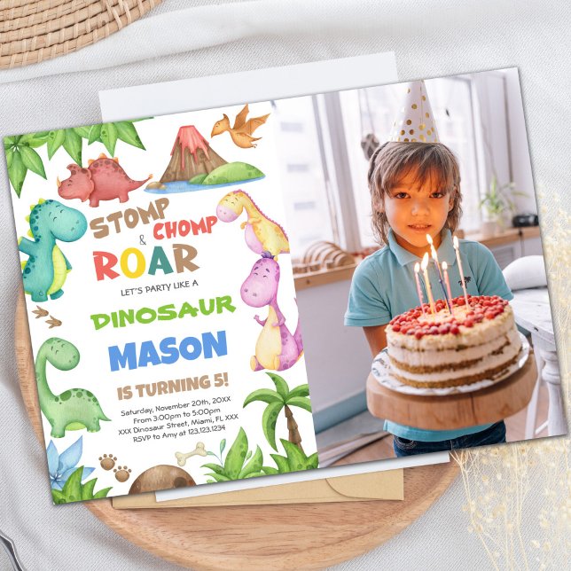 Convite de Aniversário do Dinossaur com Foto (Green Watercolor Dinosaur Birthday photo Invitation)