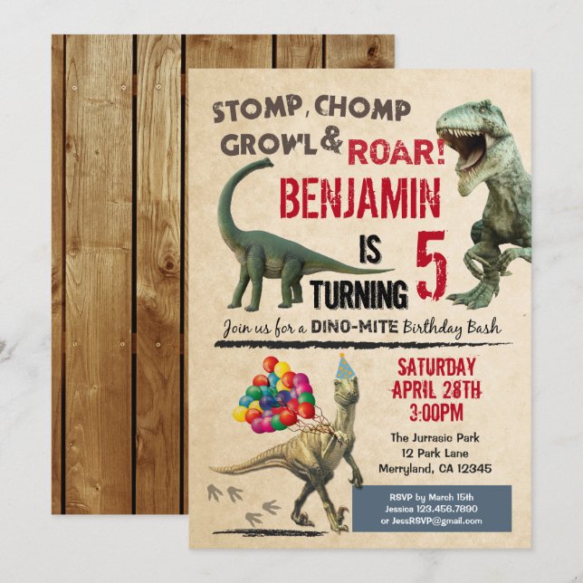 Convite de aniversário do Dinossauro (Frente/Verso)