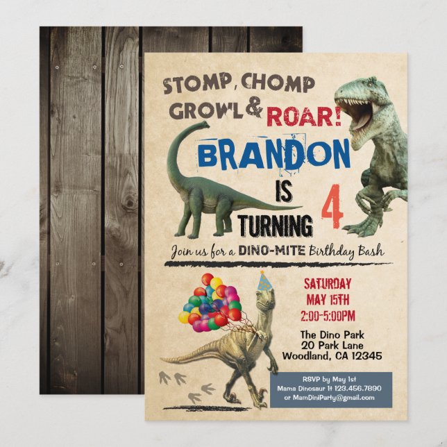 Convite de aniversário do Dinossauro (Frente/Verso)