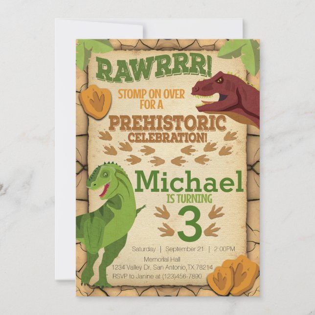 Convite de aniversário do dinossauro, Convite T-Re (Frente)