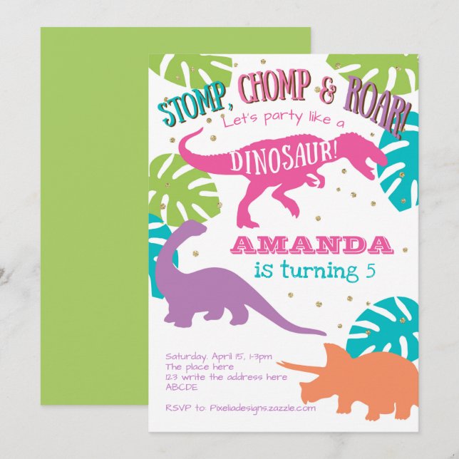 Convite de aniversário do dinossauro, cor-de-rosa, (Frente/Verso)