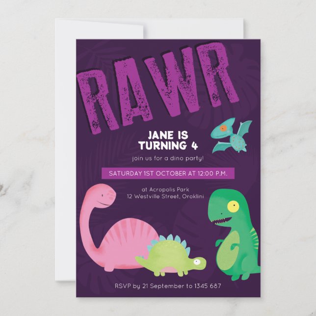 Convite de Aniversário do Dinossauro Roxo (Frente)