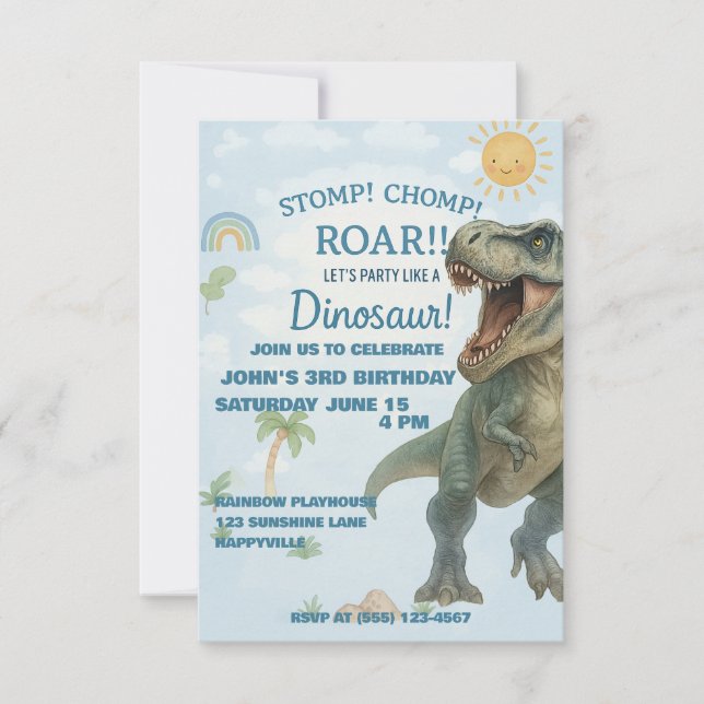 Convite de aniversário do dinossauro T-Rex (Frente)
