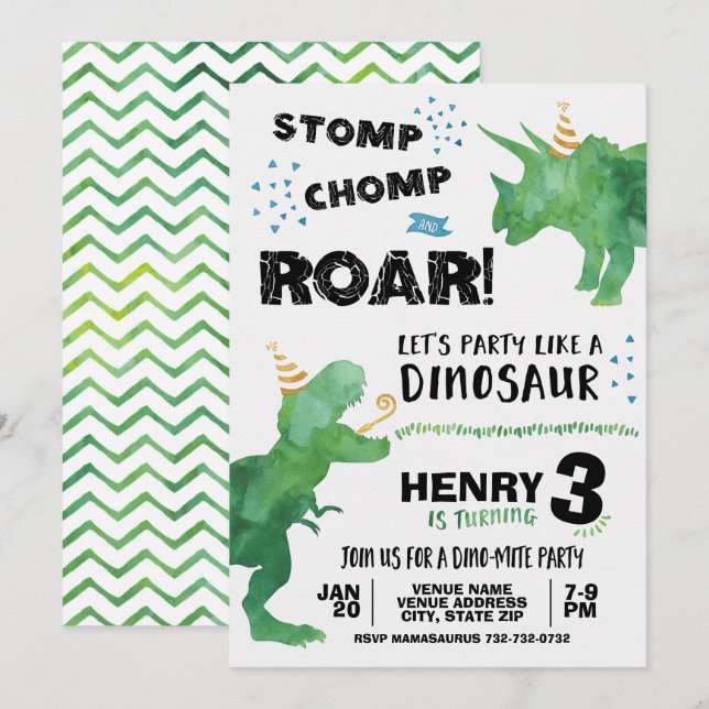 Convite de Aniversário do Dinossauro T Rex e Trice (Frente/Verso)