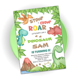 Convite de Aniversário do Dinossauro Verde e Casta