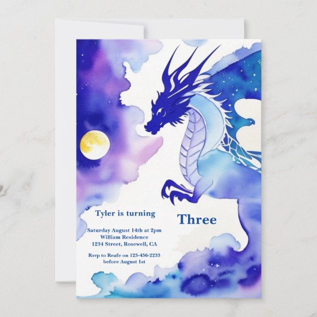 Convite de Aniversário do Dragão de Aquarela (Frente)