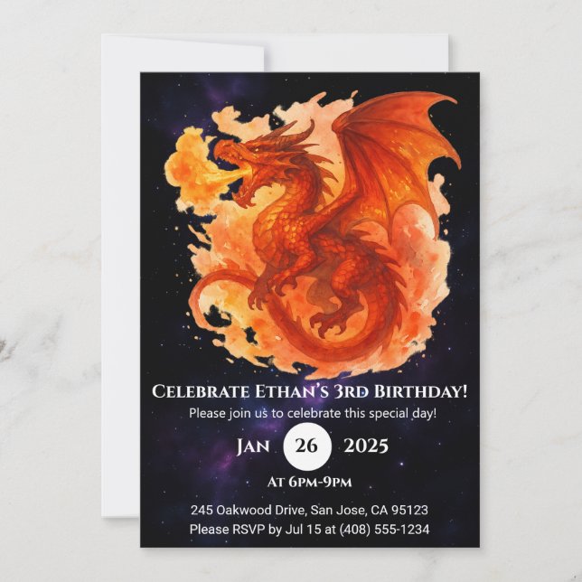 Convite de Aniversário do Dragão de Chama Cósmica (Frente)