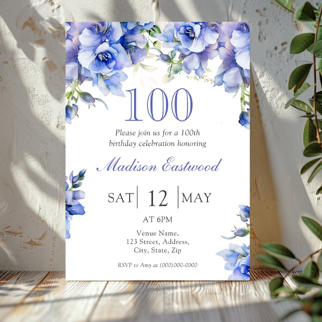 Convite de aniversário do Elegant Blue Floral 100t (Criador carregado)